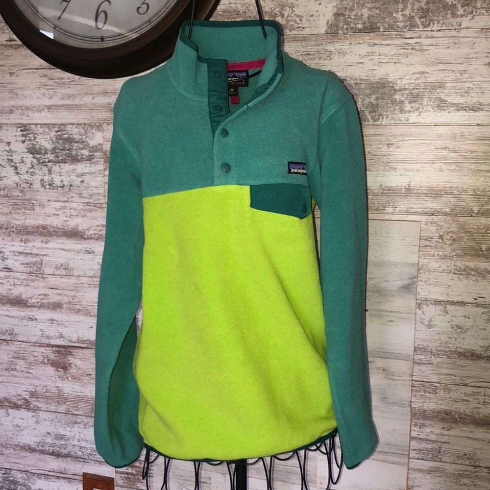 Patagonia Fleece Synchilla Snap T Women's XS Green Teal Pull Over Top sweatshirt